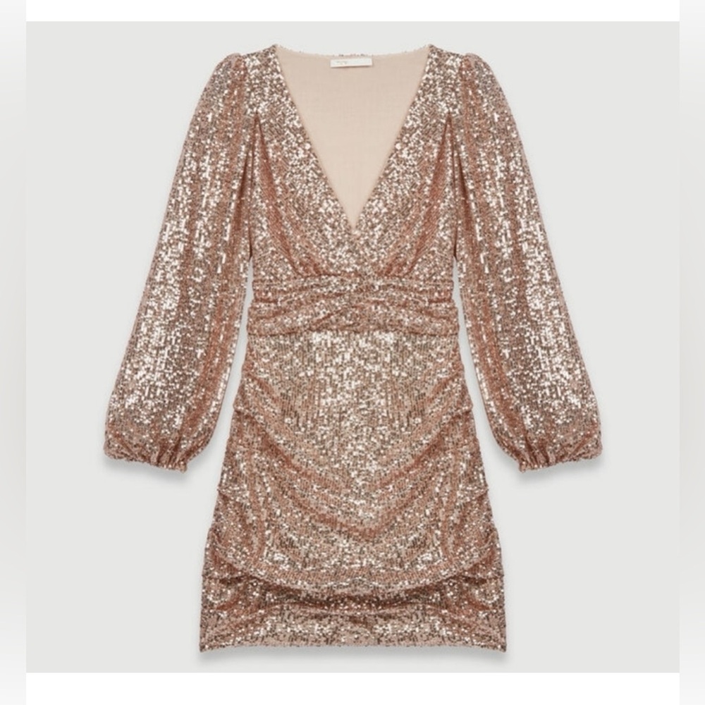 Maje Ripaillette Sparkly Rose Gold Sequins Mini V-neck Dress Size Small Party